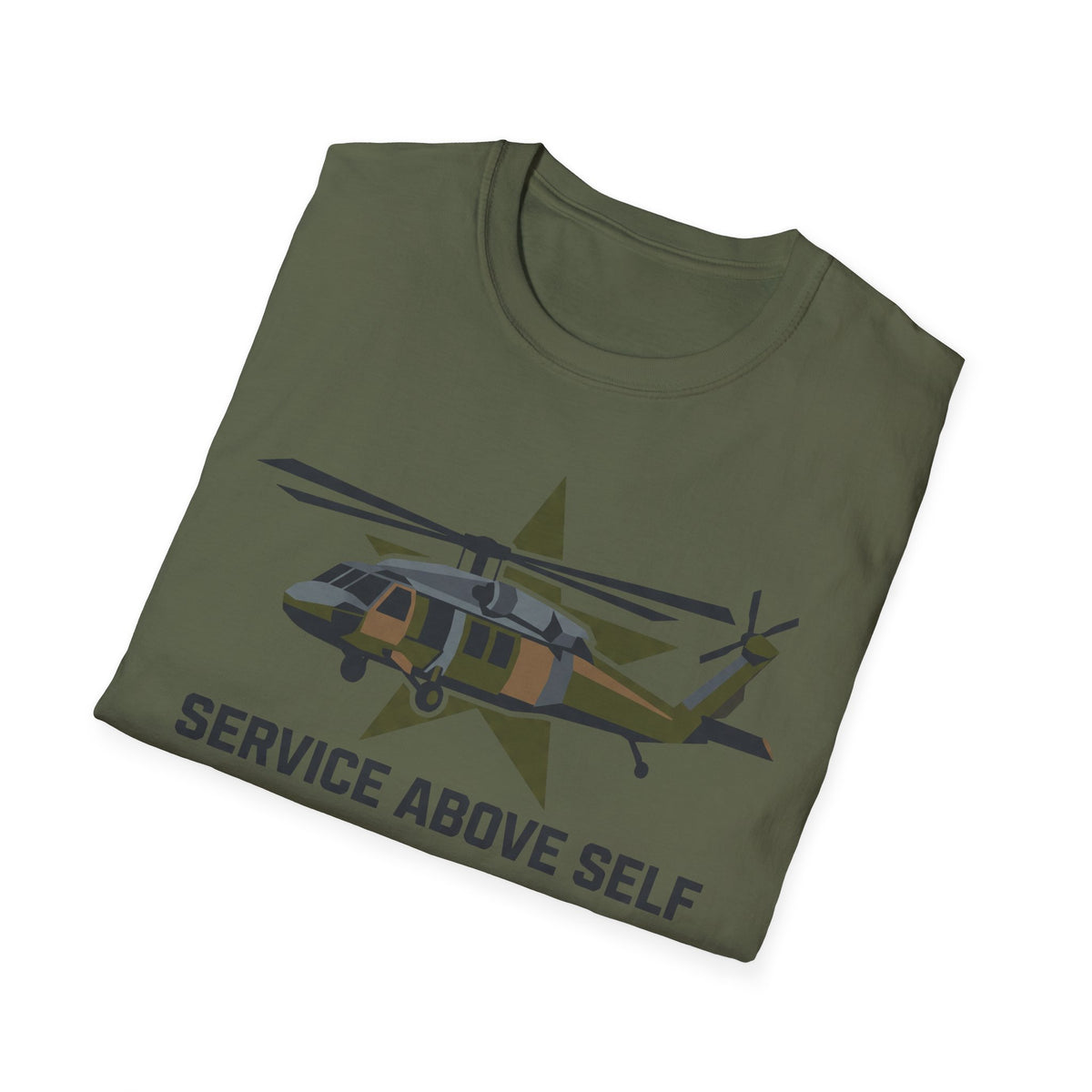 Olive green crewneck t-shirt with full helicopter graphic and 'SERVICE ABOVE SELF' text