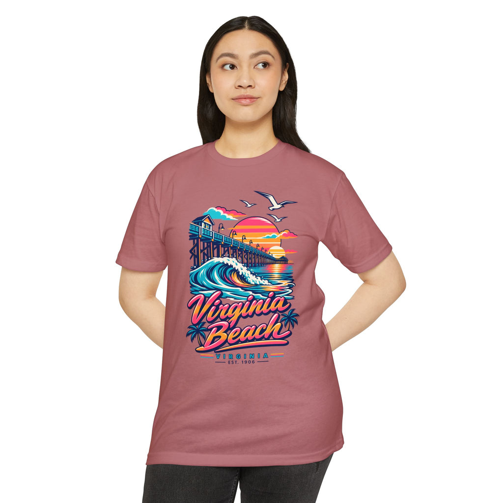 Mauve T-shirt with pier waves, seagulls, and “Virginia Beach” graphic.
