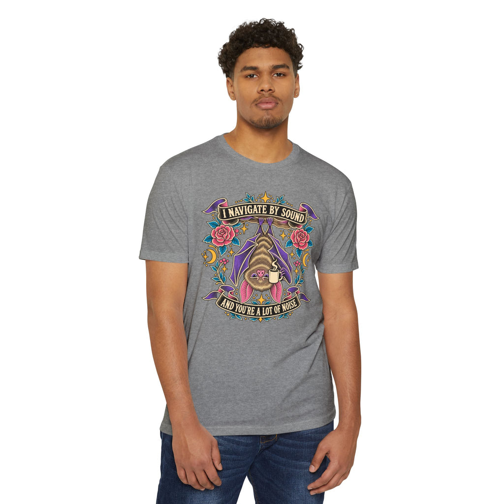 Heather gray crew-neck T-shirt with front bat sound graphic and roses