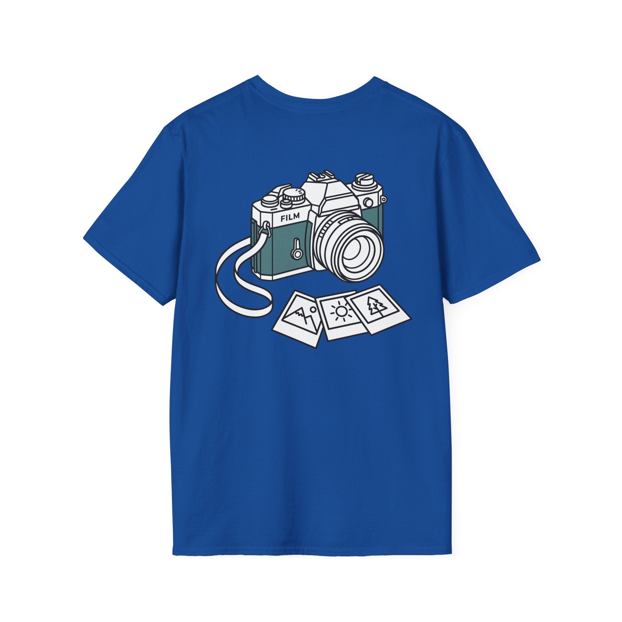 Royal blue T-shirt with vintage camera illustration and photo card icons graphic