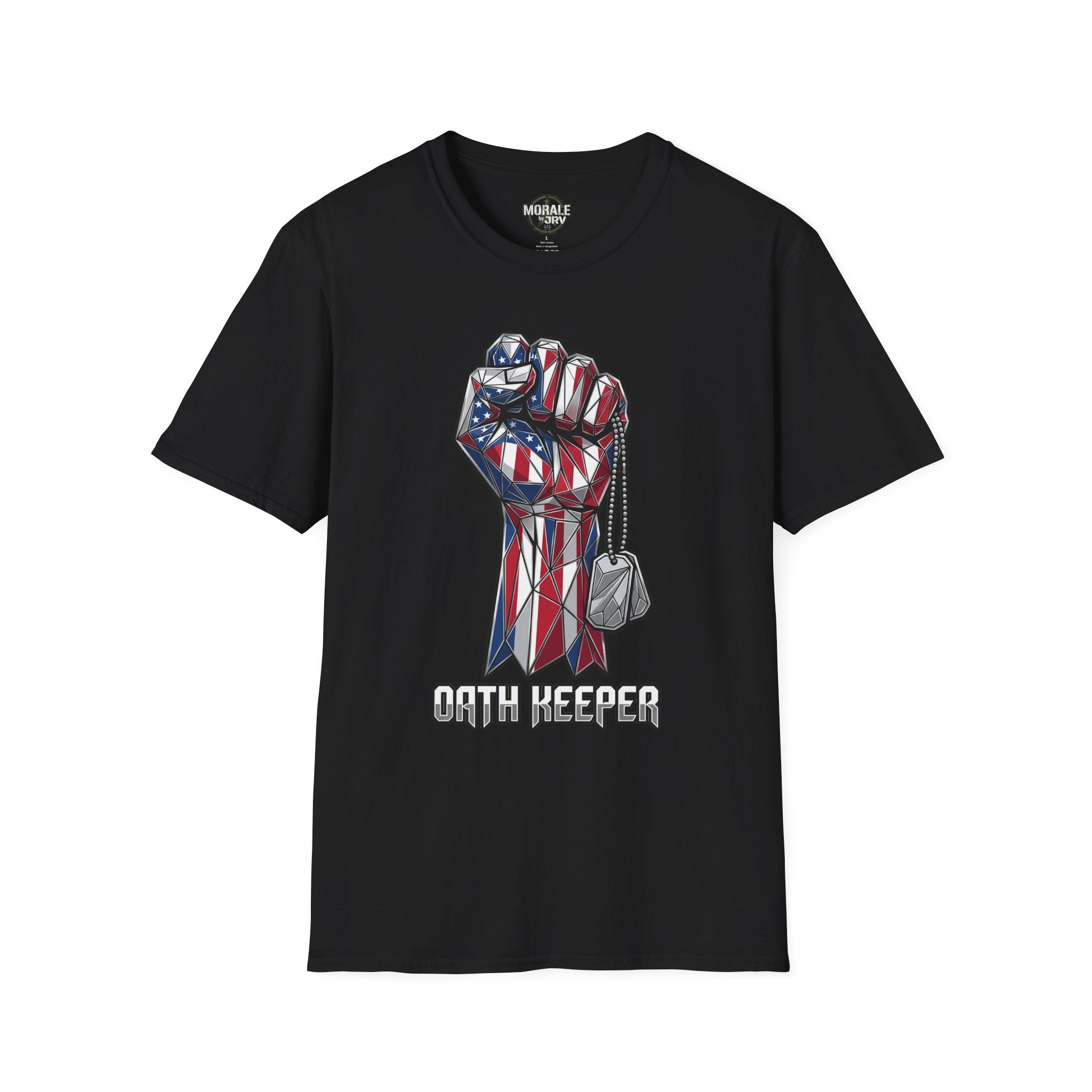 Patriotic Fist T-Shirt, black with American flag fist, dog tags, and "OATH KEEPER"