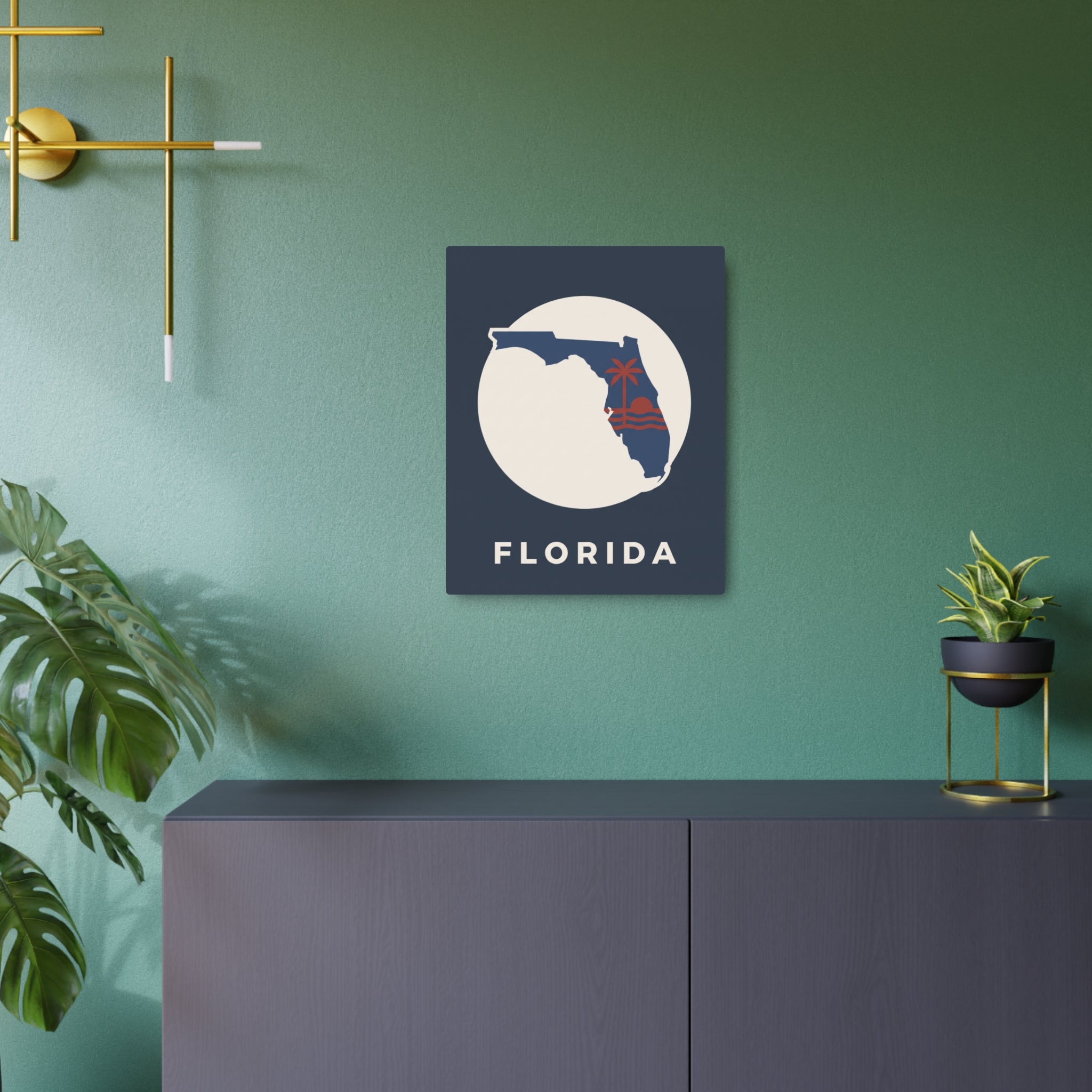 Metal Florida wall art sign featuring state silhouette with “FLORIDA” lettering