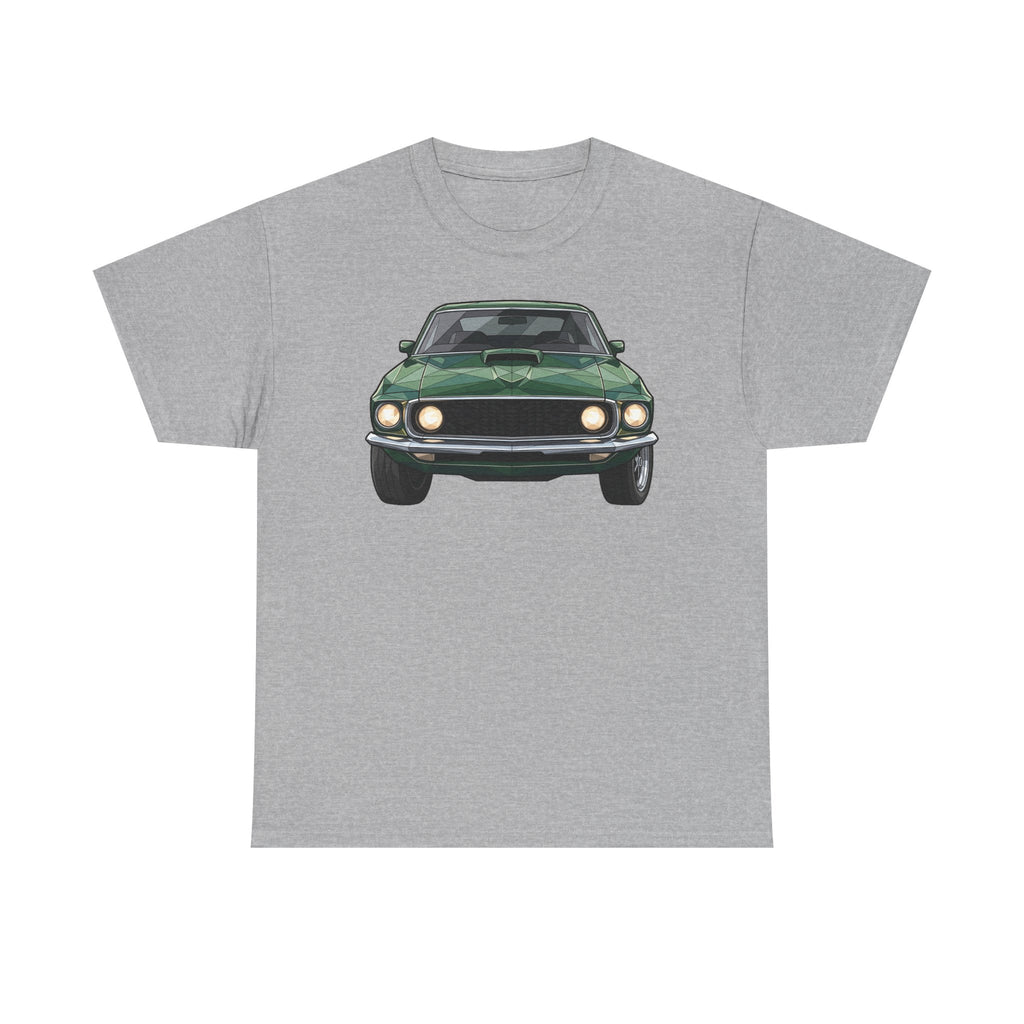 Light gray crew-neck T-shirt with vintage green muscle car front graphic