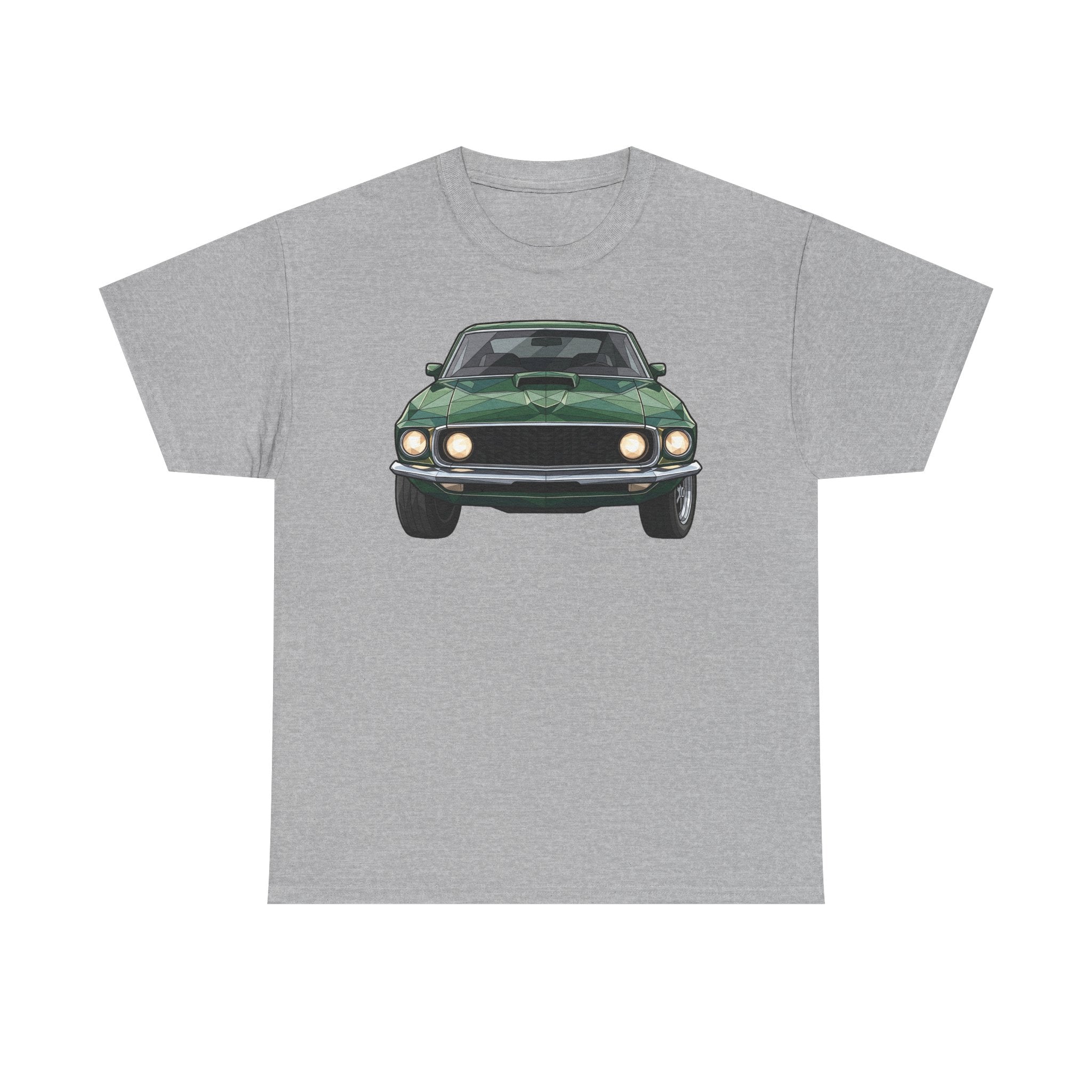 Light gray crew-neck T-shirt with vintage green muscle car front graphic