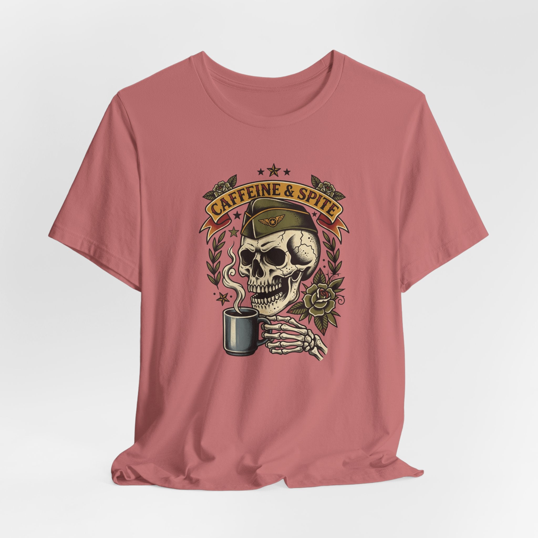 Rose pink crew-neck T-shirt with skull holding coffee mug graphic.