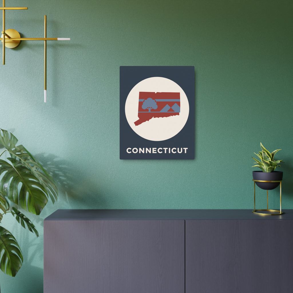 Connecticut metal sign with circular flag-like graphic and CONNECTICUT text on dark blue square