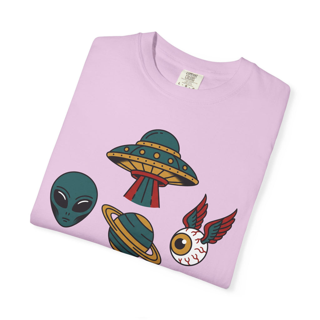 Light lavender crew-neck T-shirt with alien, UFO, and red-wing cat graphic