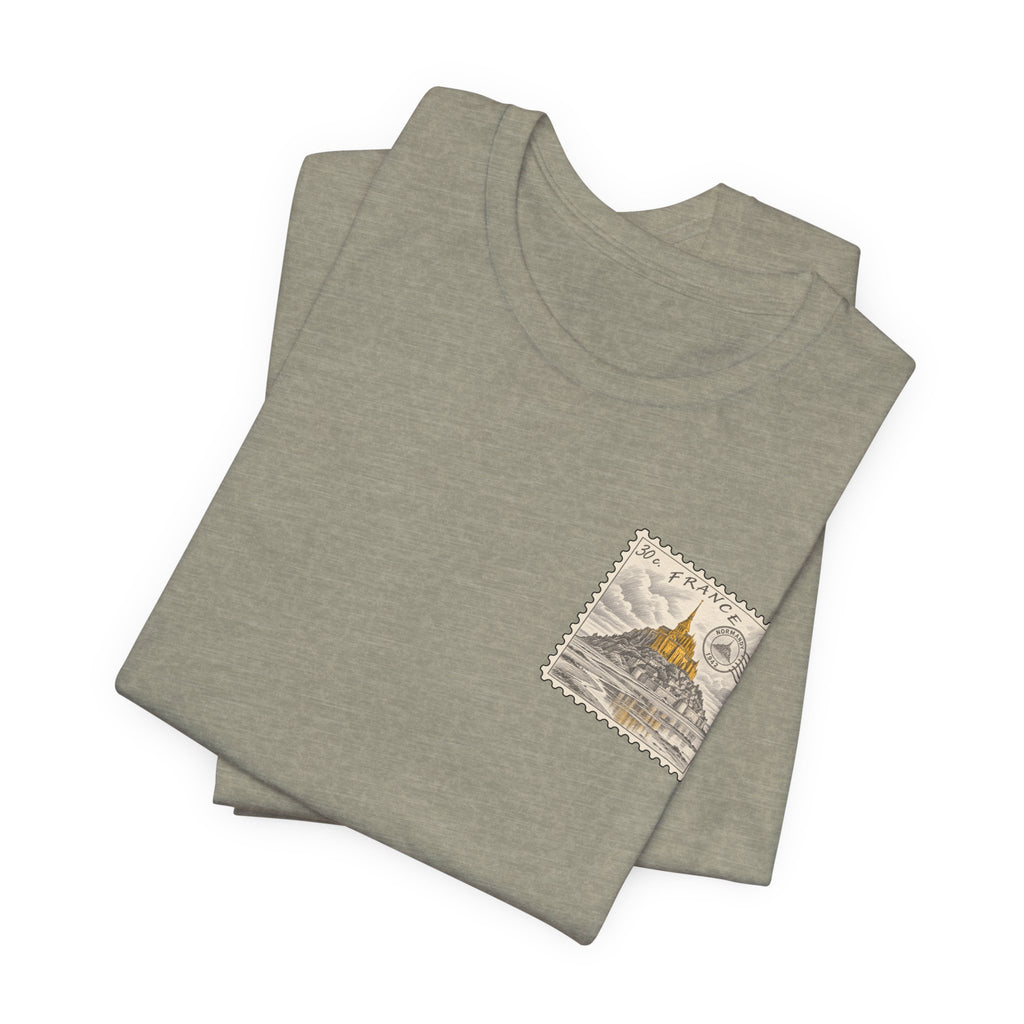 Dark gray heather crew neck T-shirt with small postage-stamp style Mont Saint-Michel logo