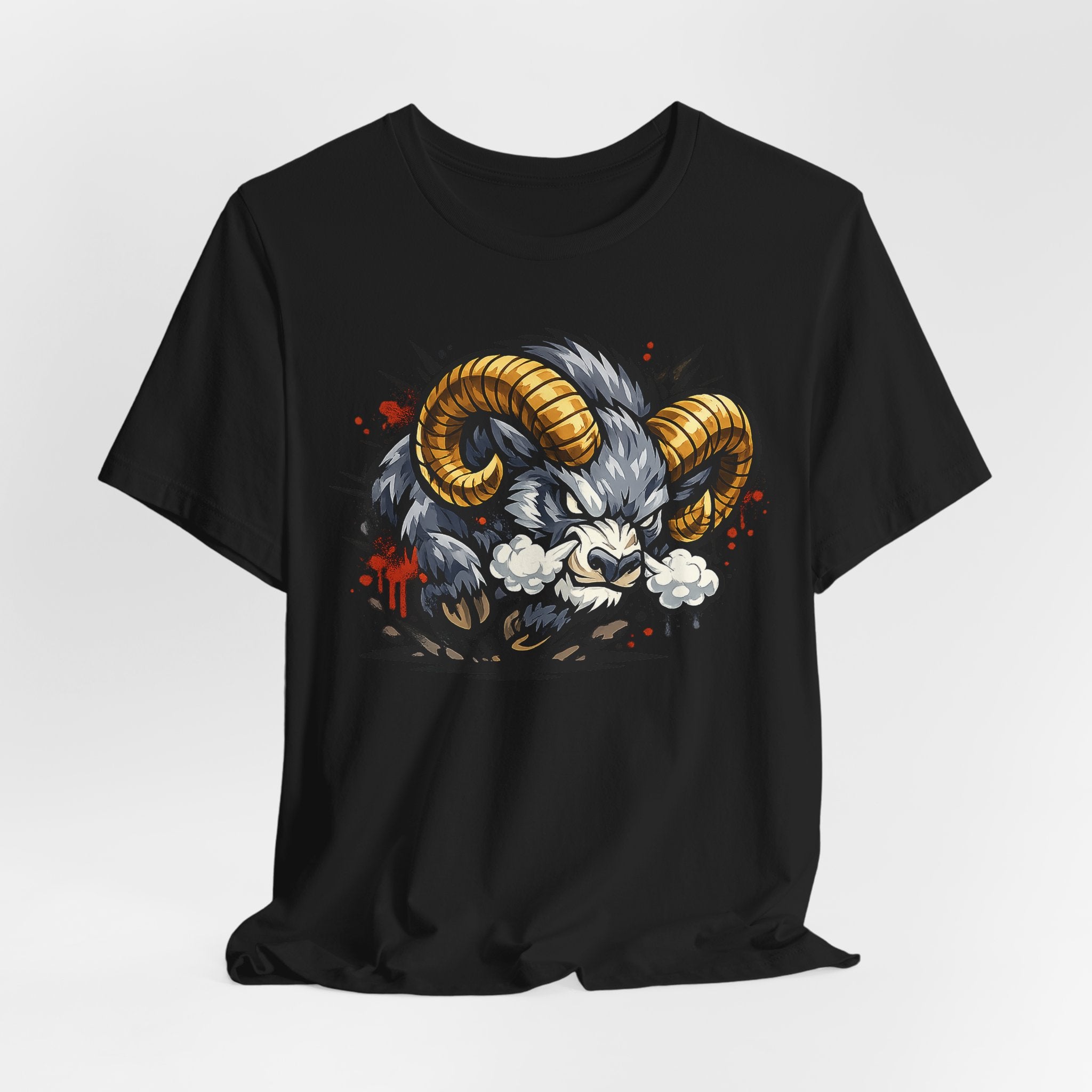 Black T-shirt featuring horned ram illustration with splatter details.