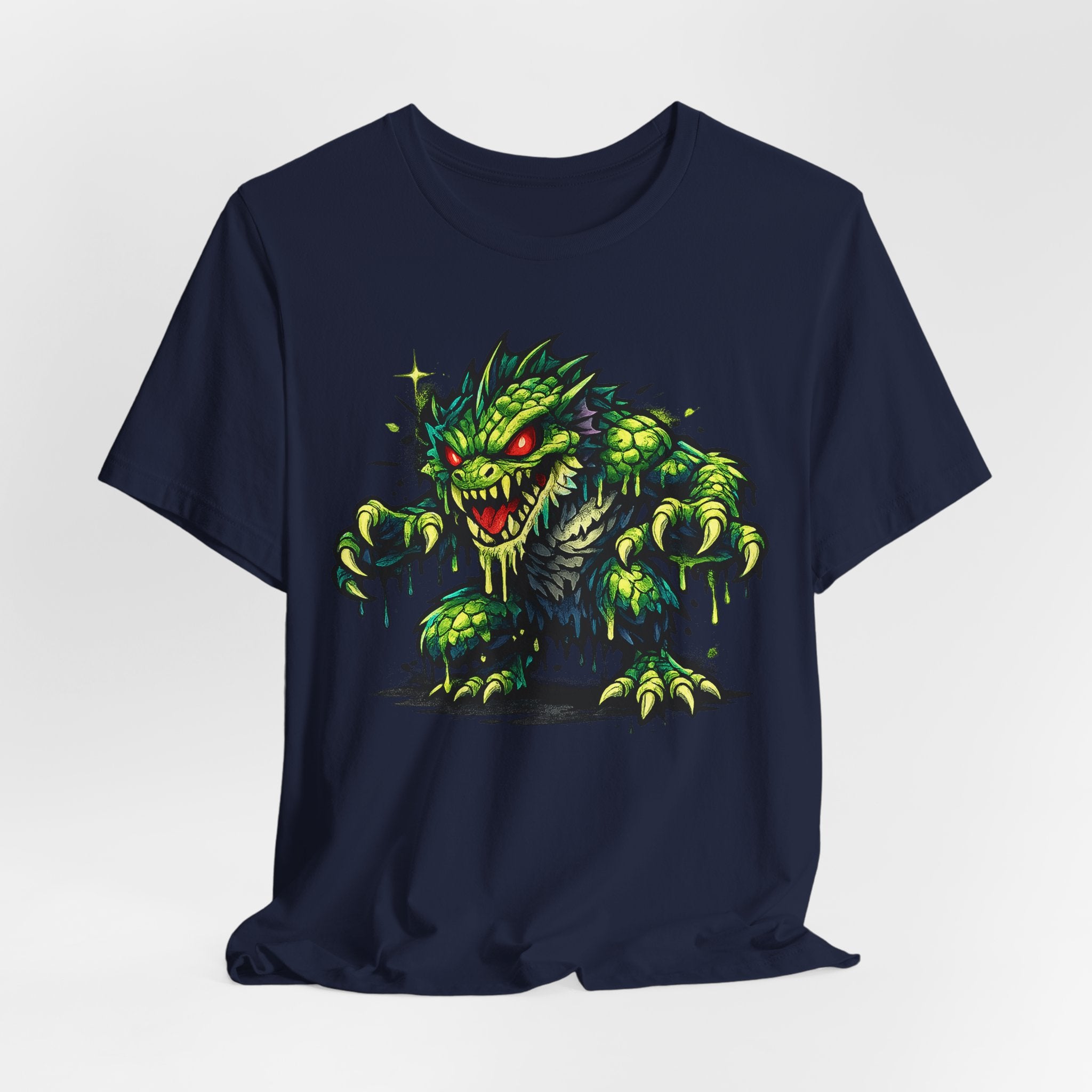 Navy T-shirt featuring a green swamp monster cartoon with dripping slime