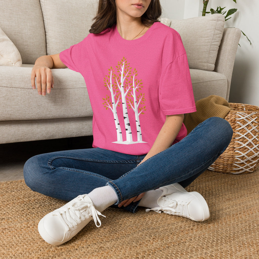 Red unisex T-shirt with centered birch tree autumn graphic, crew neck and short sleeves
