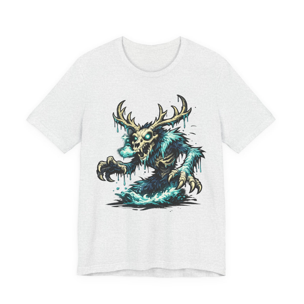 Light gray crewneck t-shirt with teal glow deer skull monster graphic