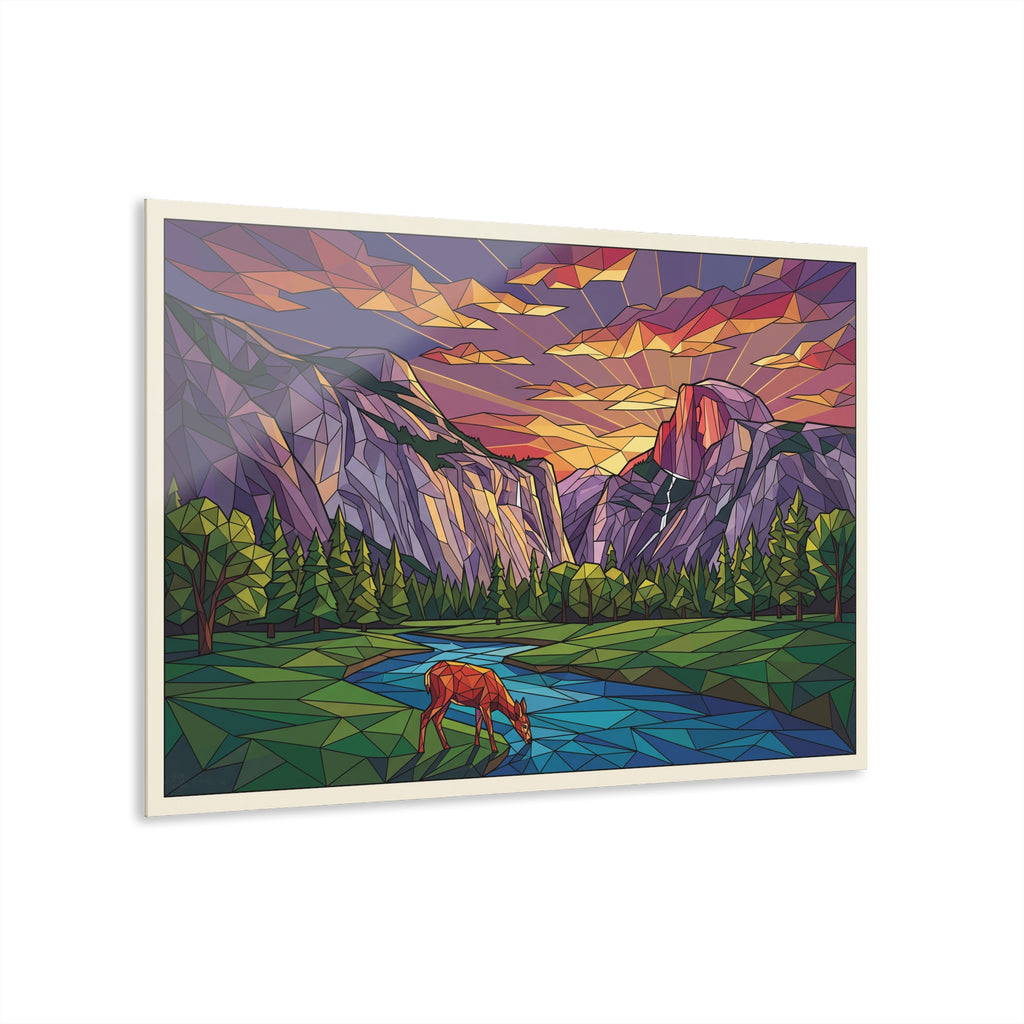 Low-poly sunset landscape acrylic print with white frame, winding river and evergreen trees.