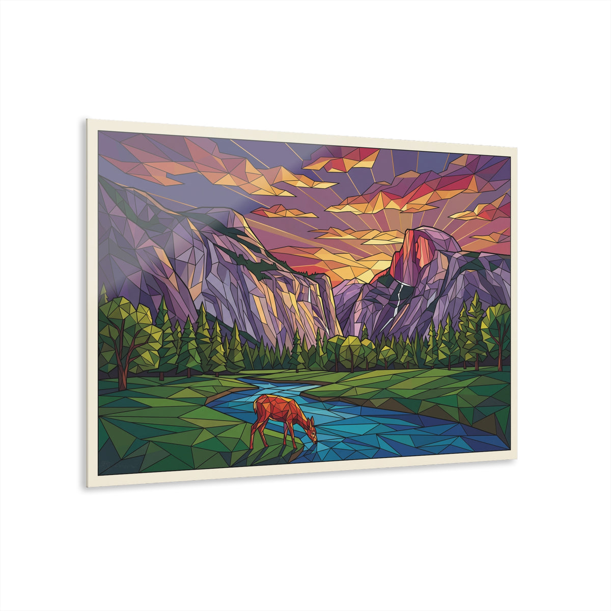 Low-poly sunset landscape acrylic print with white frame, winding river and evergreen trees.
