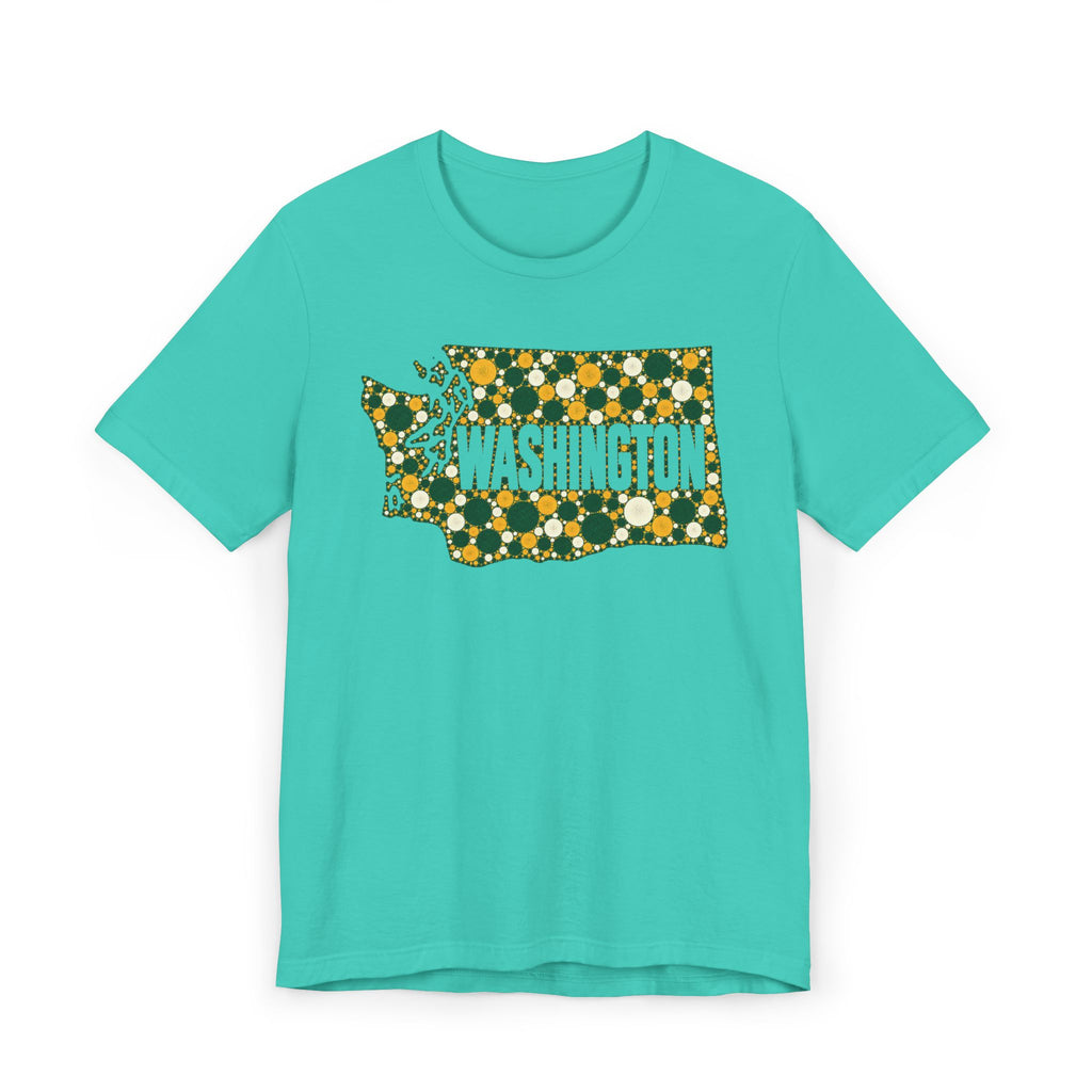 Turquoise T-shirt with dotted Washington outline floral graphic in green and gold