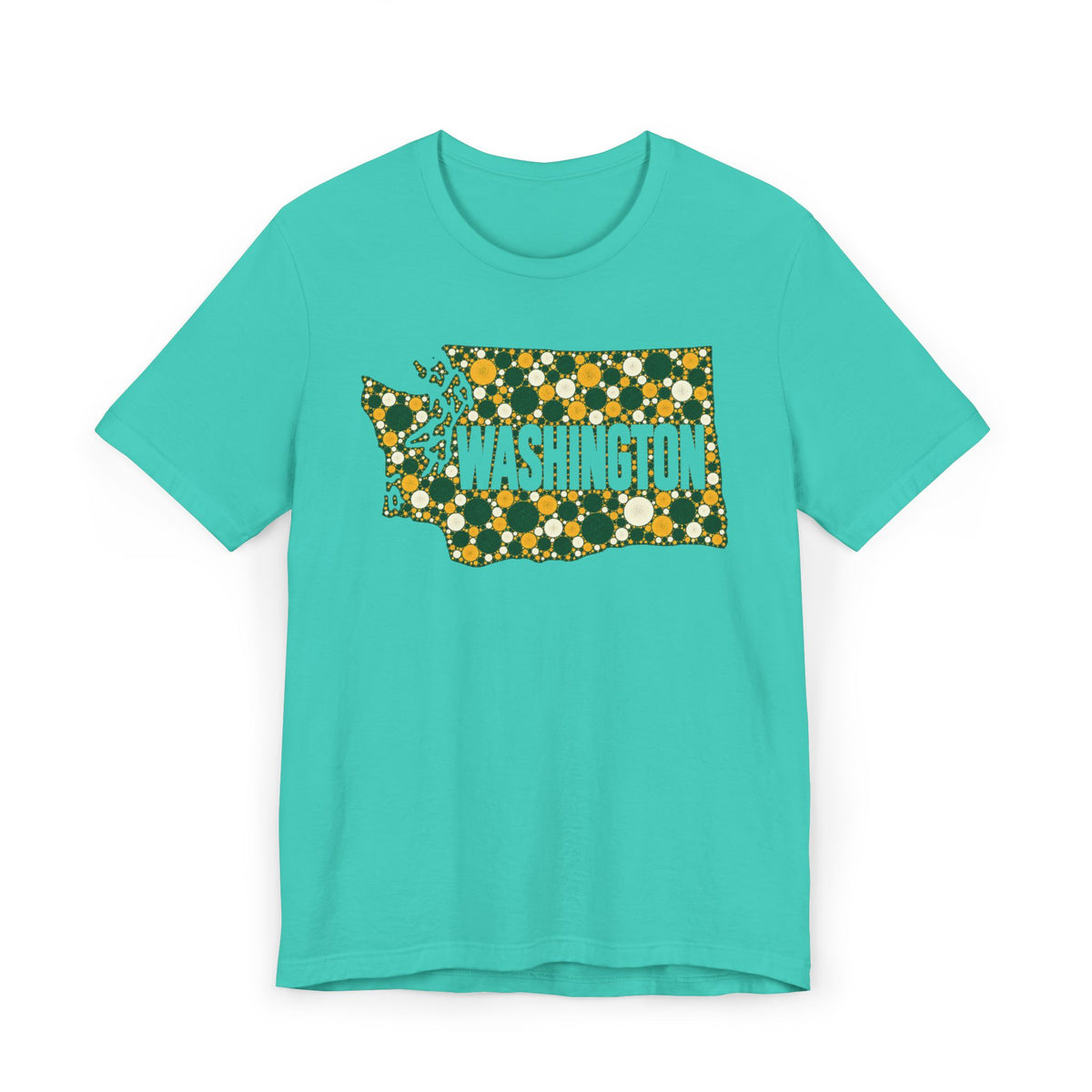 Turquoise T-shirt with dotted Washington outline floral graphic in green and gold