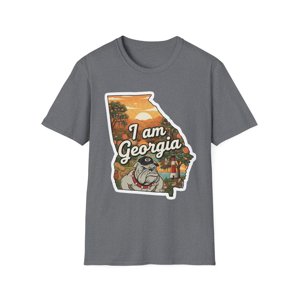 Heather dark grey T-shirt with “I am Georgia” bulldog state map sunset graphic