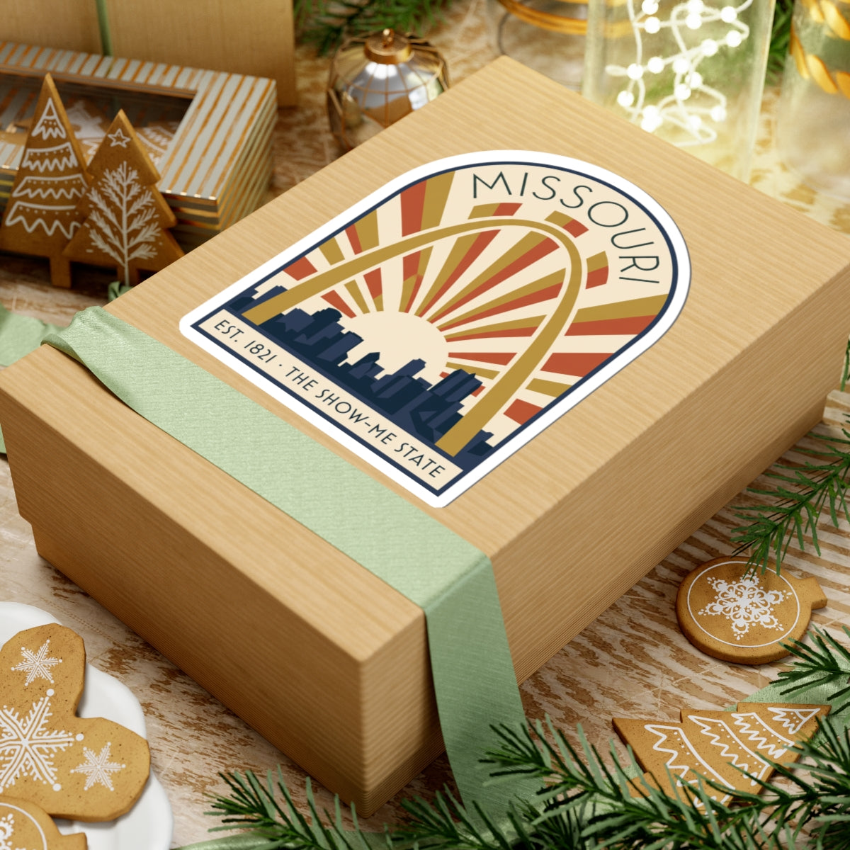 Missouri arch skyline vinyl sticker on wrapped gift with multicolor rays and skyline