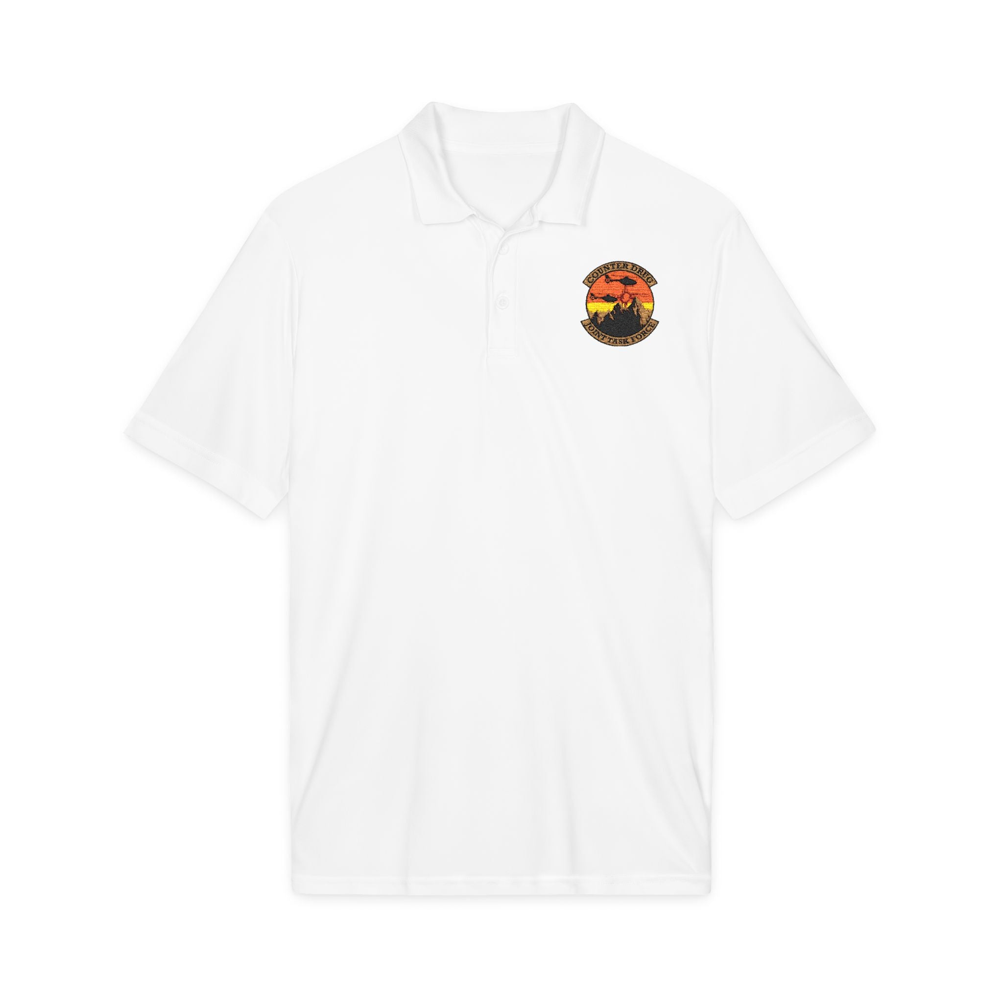 White polo shirt with embroidered crest on chest, short sleeves, button placket