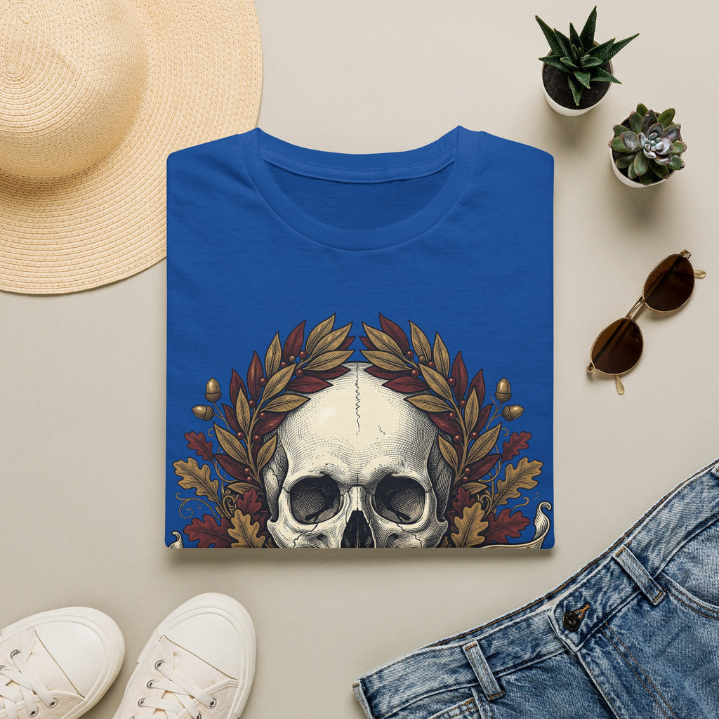 Skull wreath graphic T-shirt, royal blue with centered skull and leaf garland print