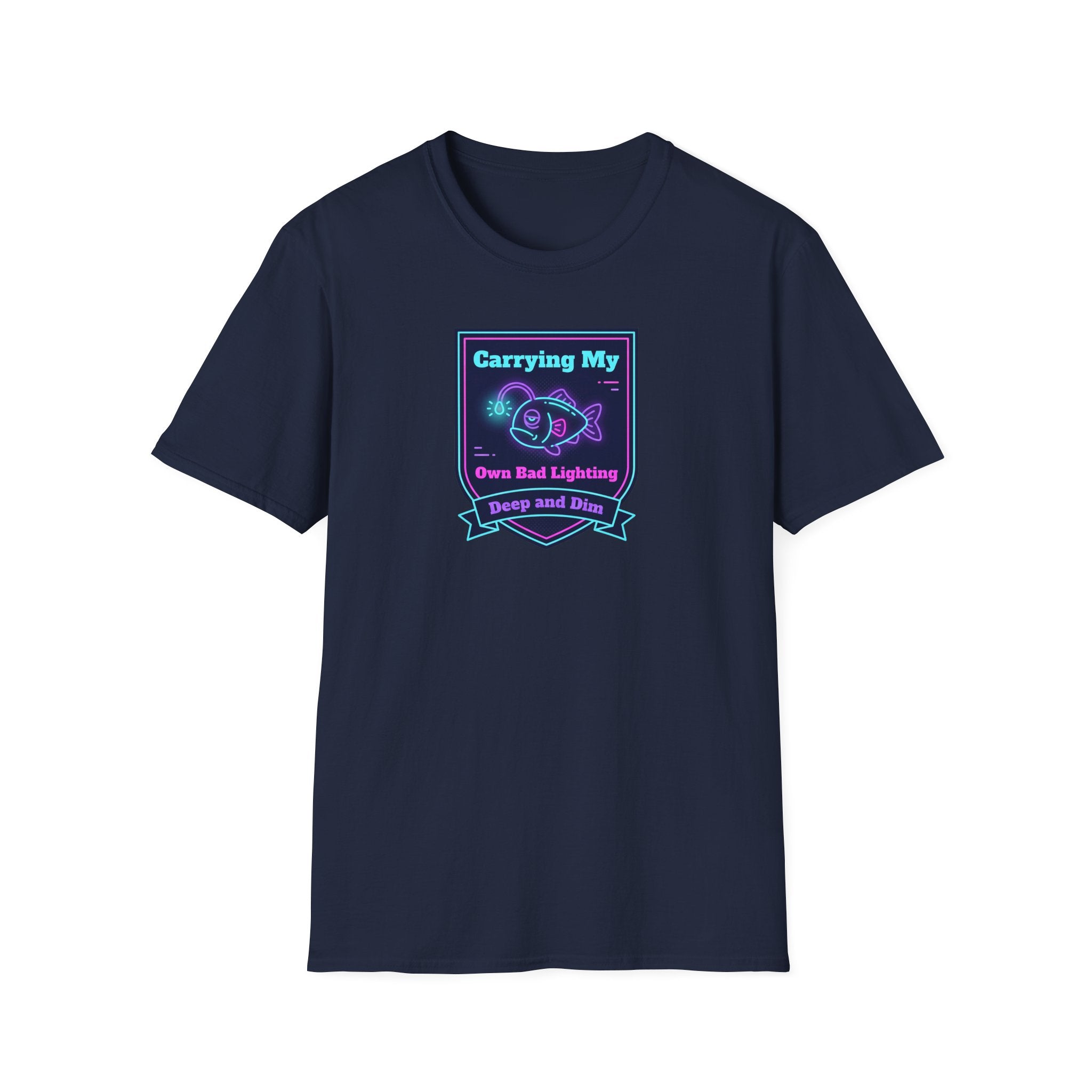 Navy crew-neck T-shirt with small neon anglerfish graphic on chest