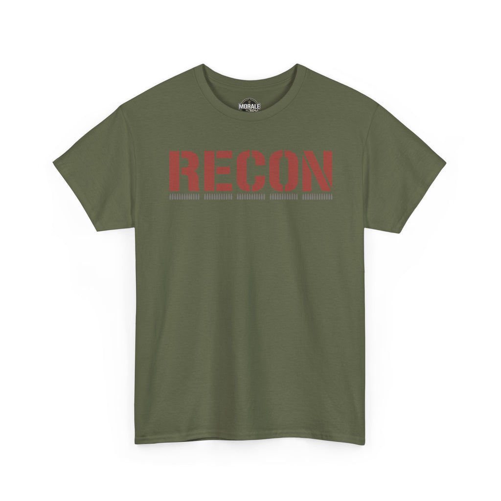 Military-style T-shirt, military green with RECON red stencil graphic