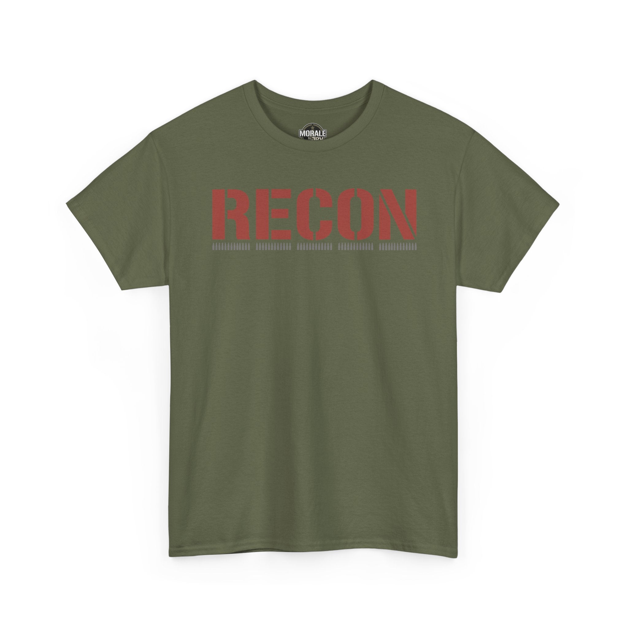 Military-style T-shirt, military green with RECON red stencil graphic