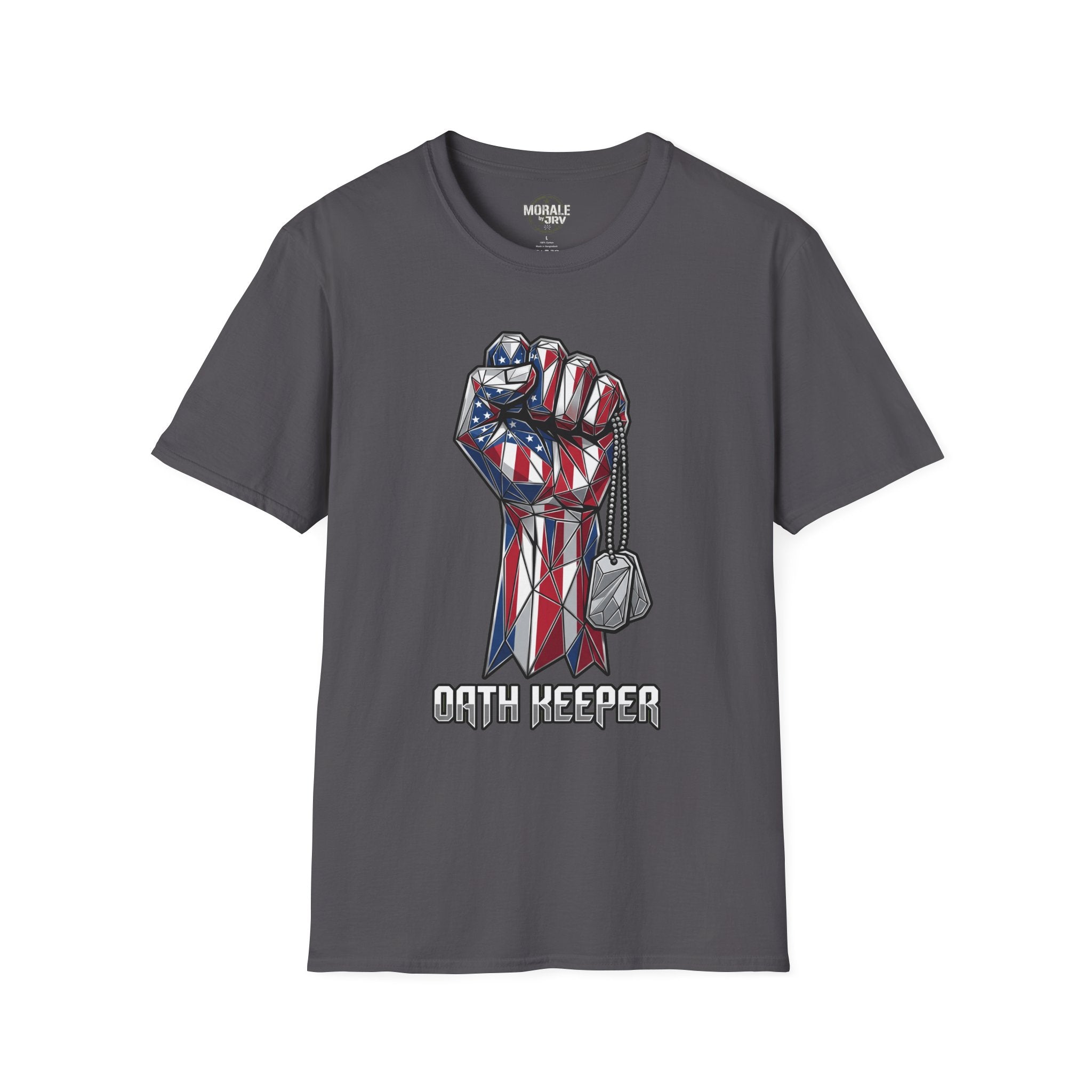 Patriotic Fist T-Shirt, graphite heather with American flag fist and dog tags