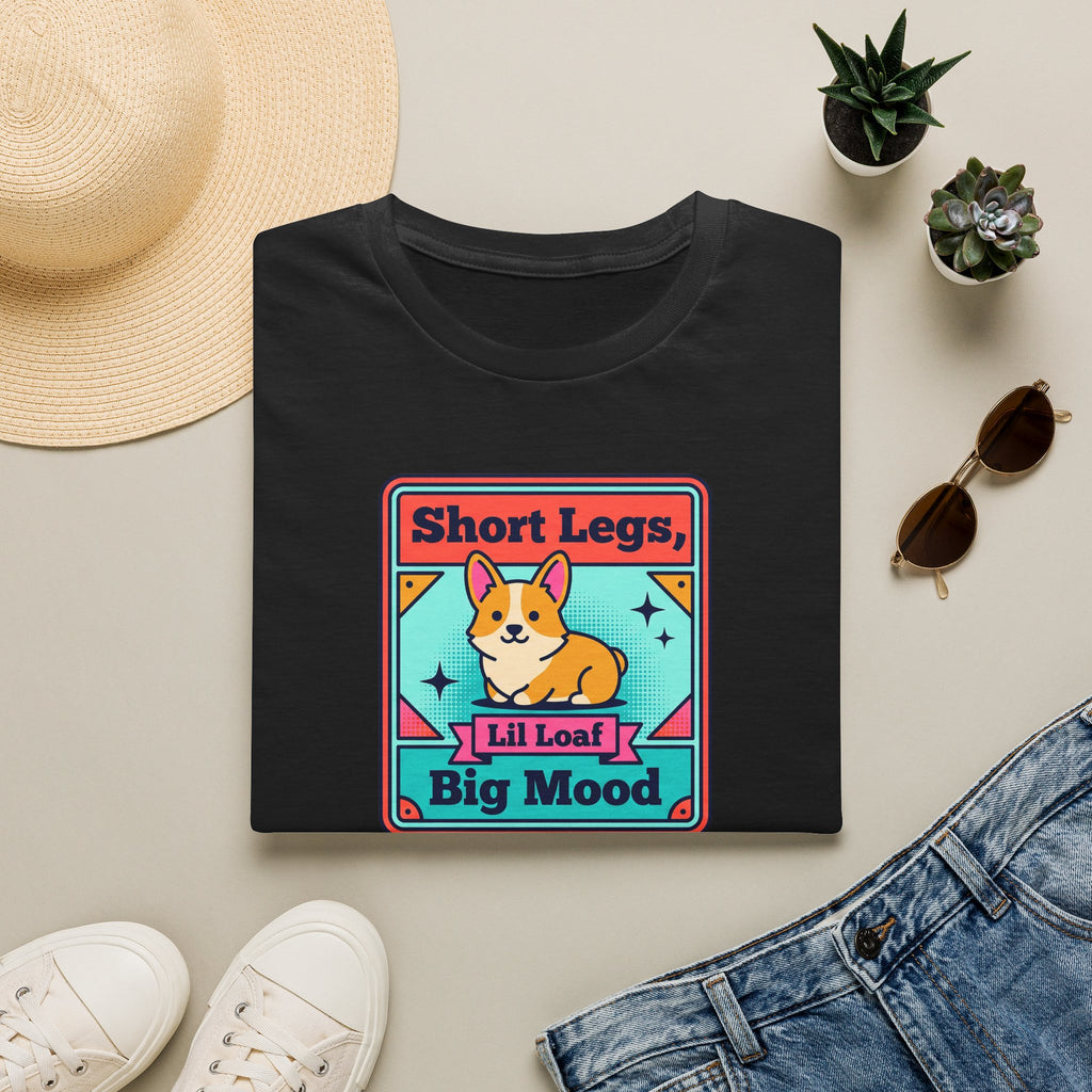 Black short-sleeve T-shirt with colorful corgi graphic and “Short Legs” slogan print