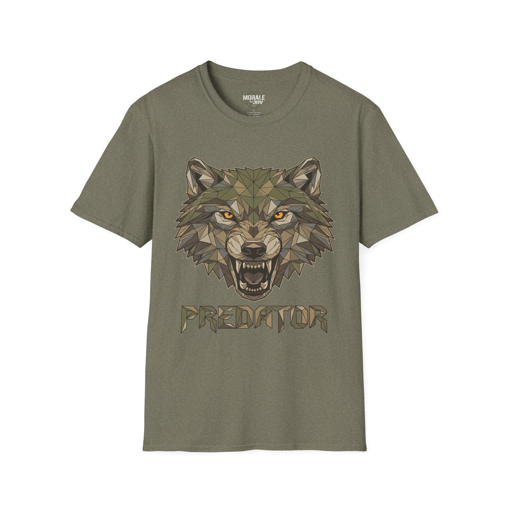 Geometrischer Wolfkopf Predator T‑Shirt, olivgrün, Frontdruck mit Wolfgesicht & Schriftzug