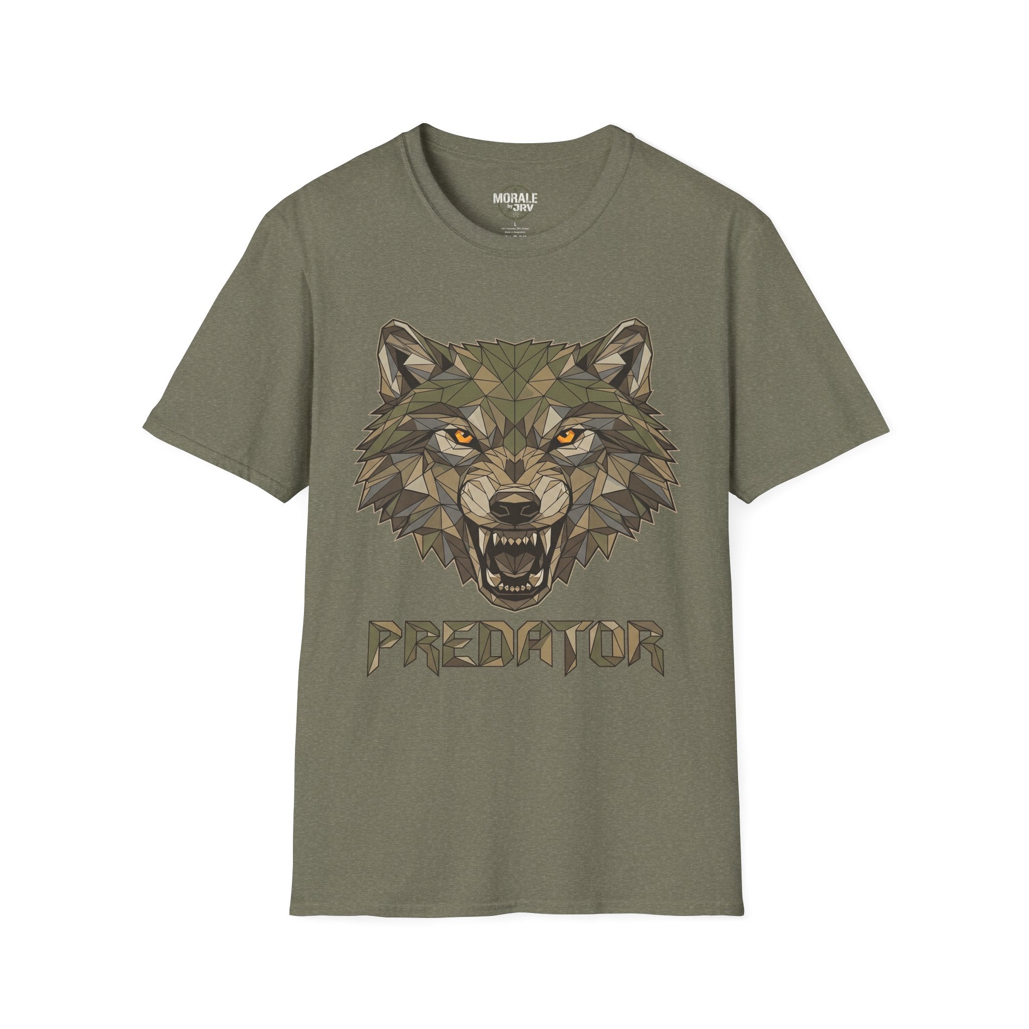 Geometrischer Wolfkopf Predator T‑Shirt, olivgrün, Frontdruck mit Wolfgesicht & Schriftzug