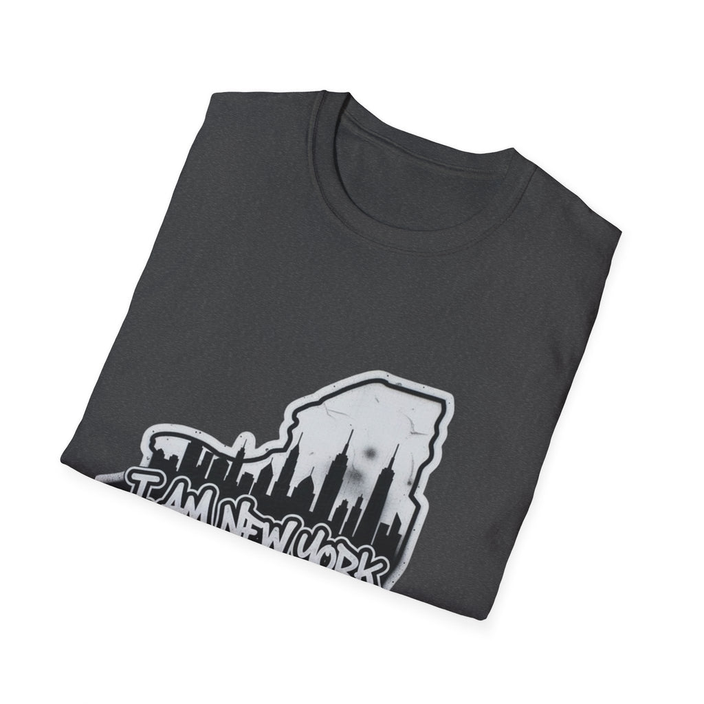 Dark heather T-shirt with graffiti skyline graphic print on chest
