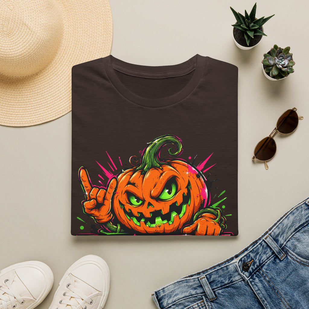 Dark brown short-sleeve T-shirt with colorful spooky jack-o-lantern graphic on chest