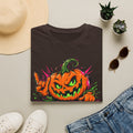 Dark brown short-sleeve T-shirt with colorful spooky jack-o-lantern graphic on chest