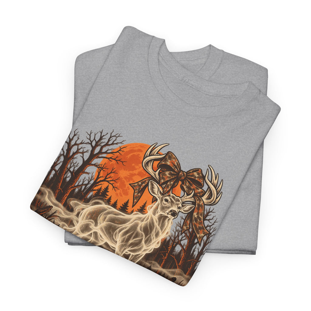 Light gray Halloween T-shirt with orange ghost deer hunting graphic and smoke