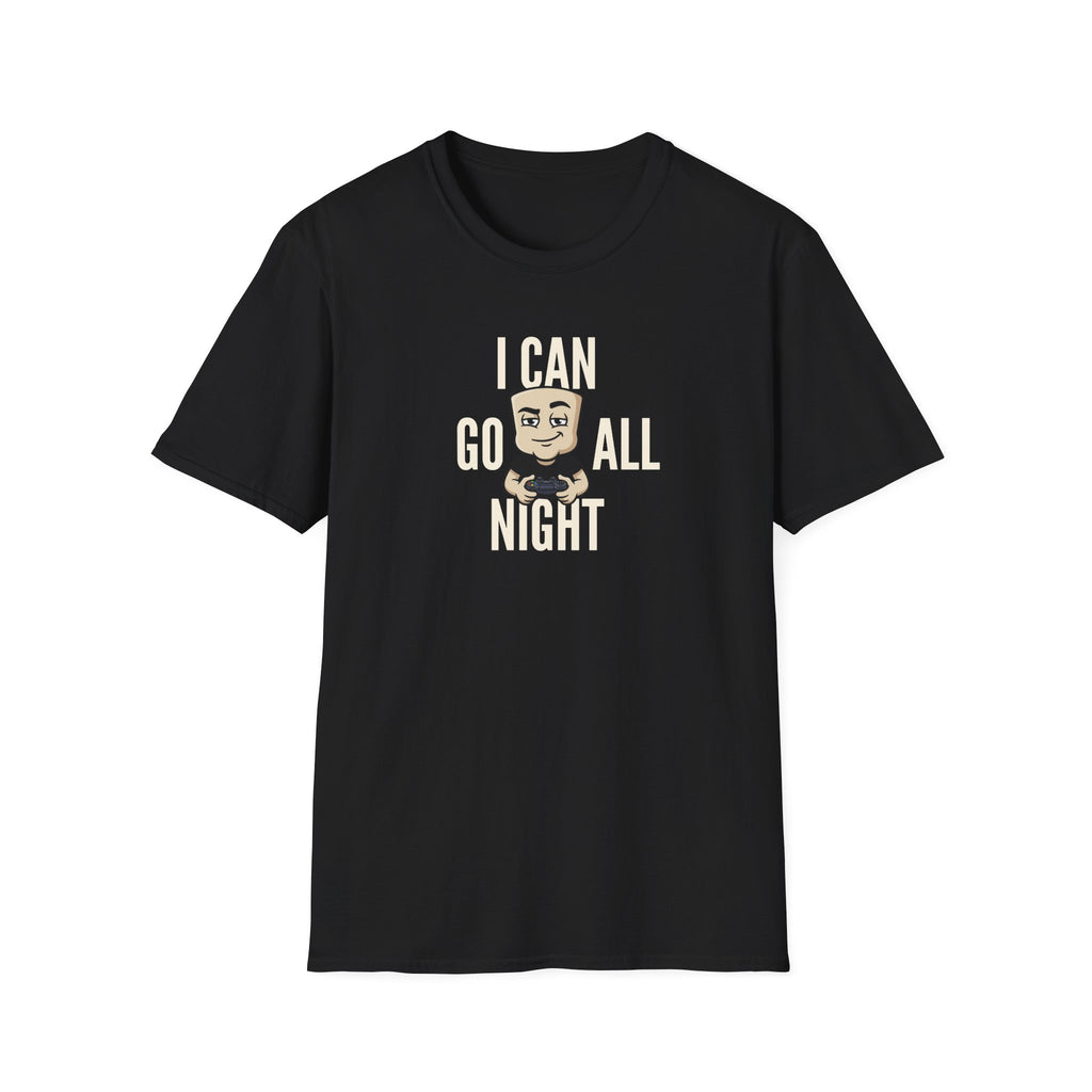 Black T-shirt with gamer controller quote graphic, crew neck short sleeves