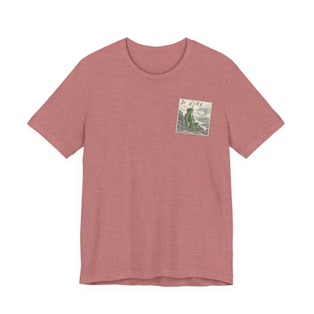 Rose travel t-shirt with vintage postage-stamp castle graphic on chest