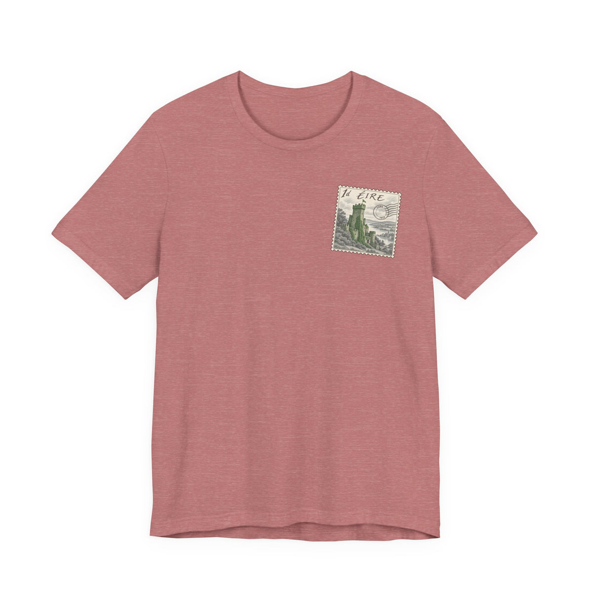 Rose travel t-shirt with vintage postage-stamp castle graphic on chest