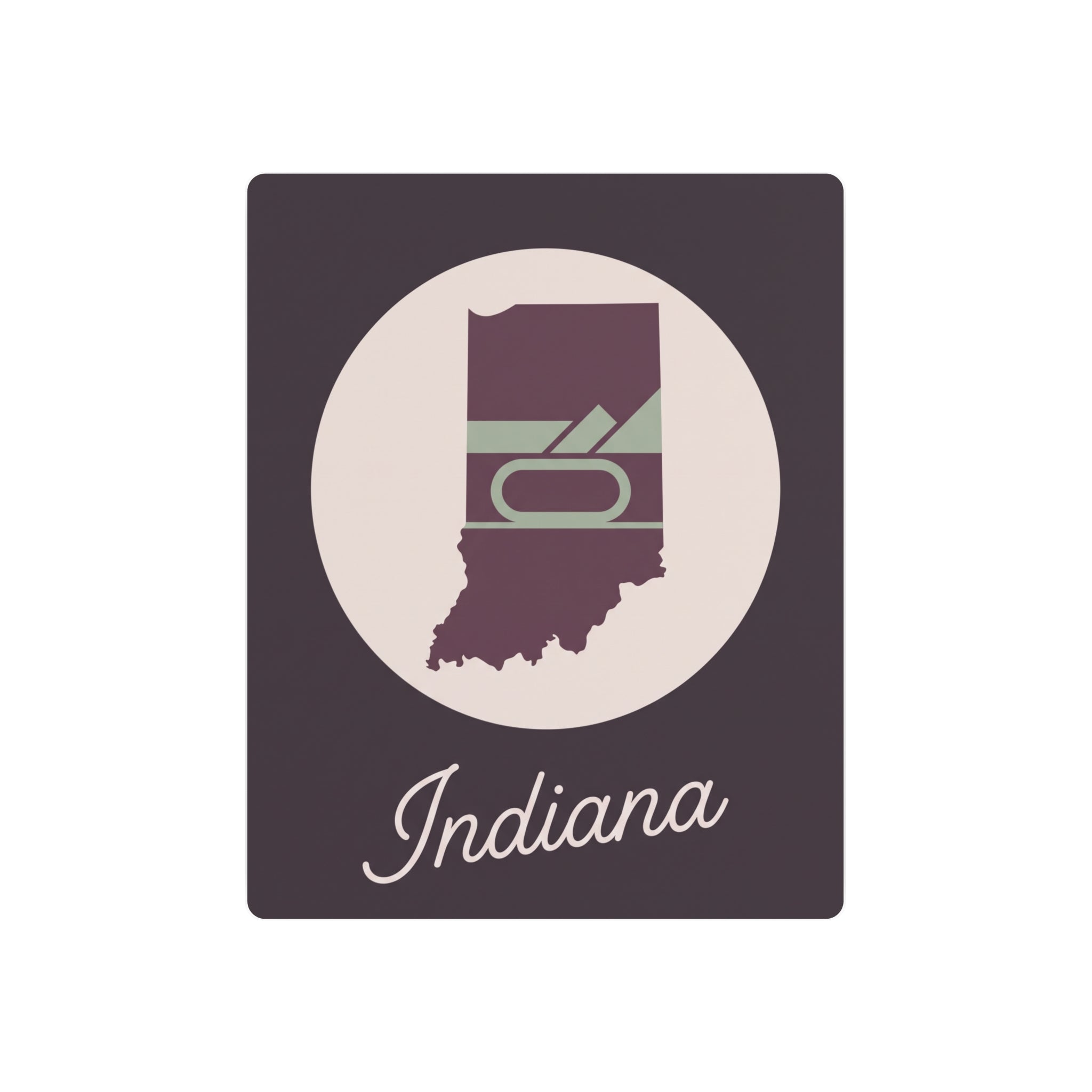 Indiana metal wall art: plum state in cream circle with 'Indiana' script