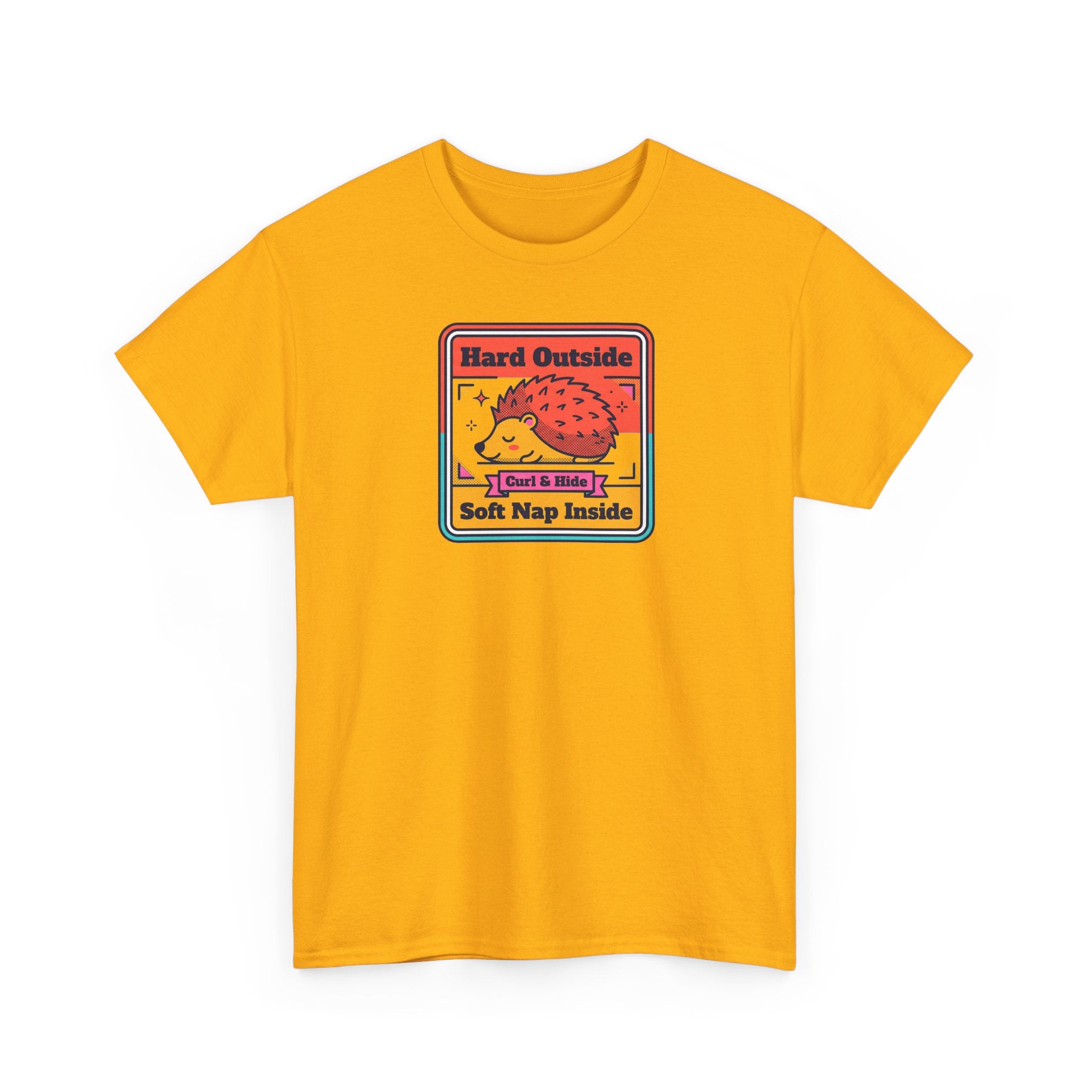 Yellow graphic T-shirt with hedgehog introvert slogan, crew neck short sleeves