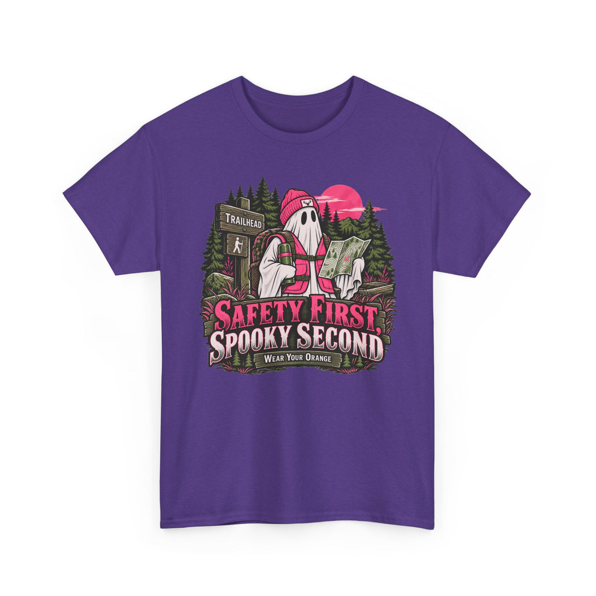 Safety First Spooky Second T-Shirt, Funny Ghost Hiker Halloween Shirt for Men and Women, Camping Trail Graphic Tee