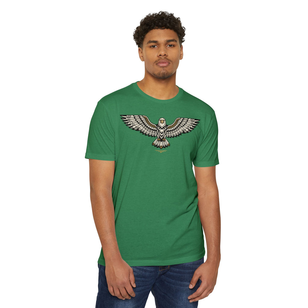 Green crewneck T-shirt with soaring owl graphic on front
