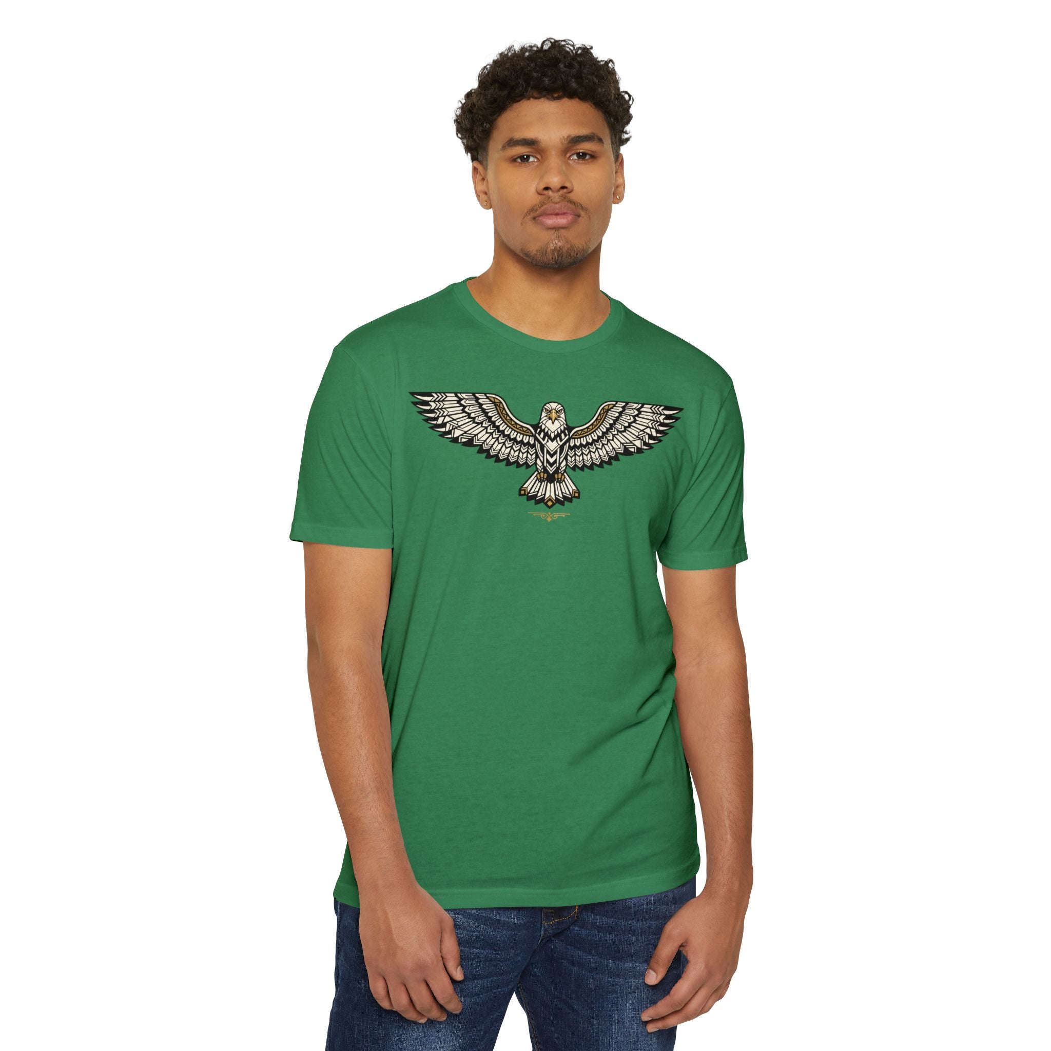Green crewneck T-shirt with soaring owl graphic on front