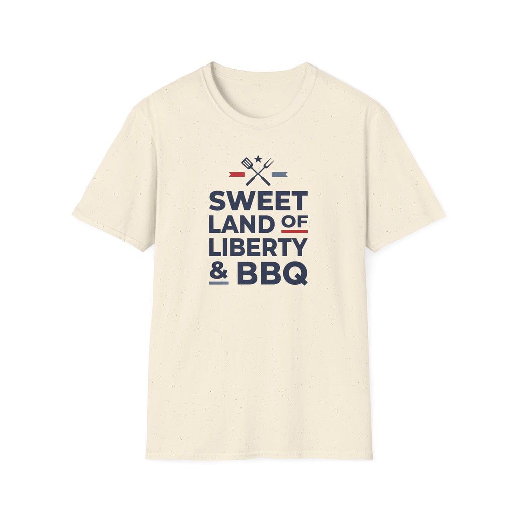 Light cream T-shirt featuring a “Sweet Land of Liberty & BBQ” front graphic.