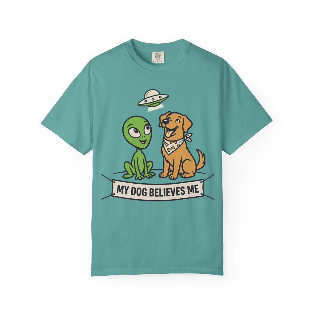 Teal t-shirt with cartoon alien, dog, and "My Dog Believes Me" graphic