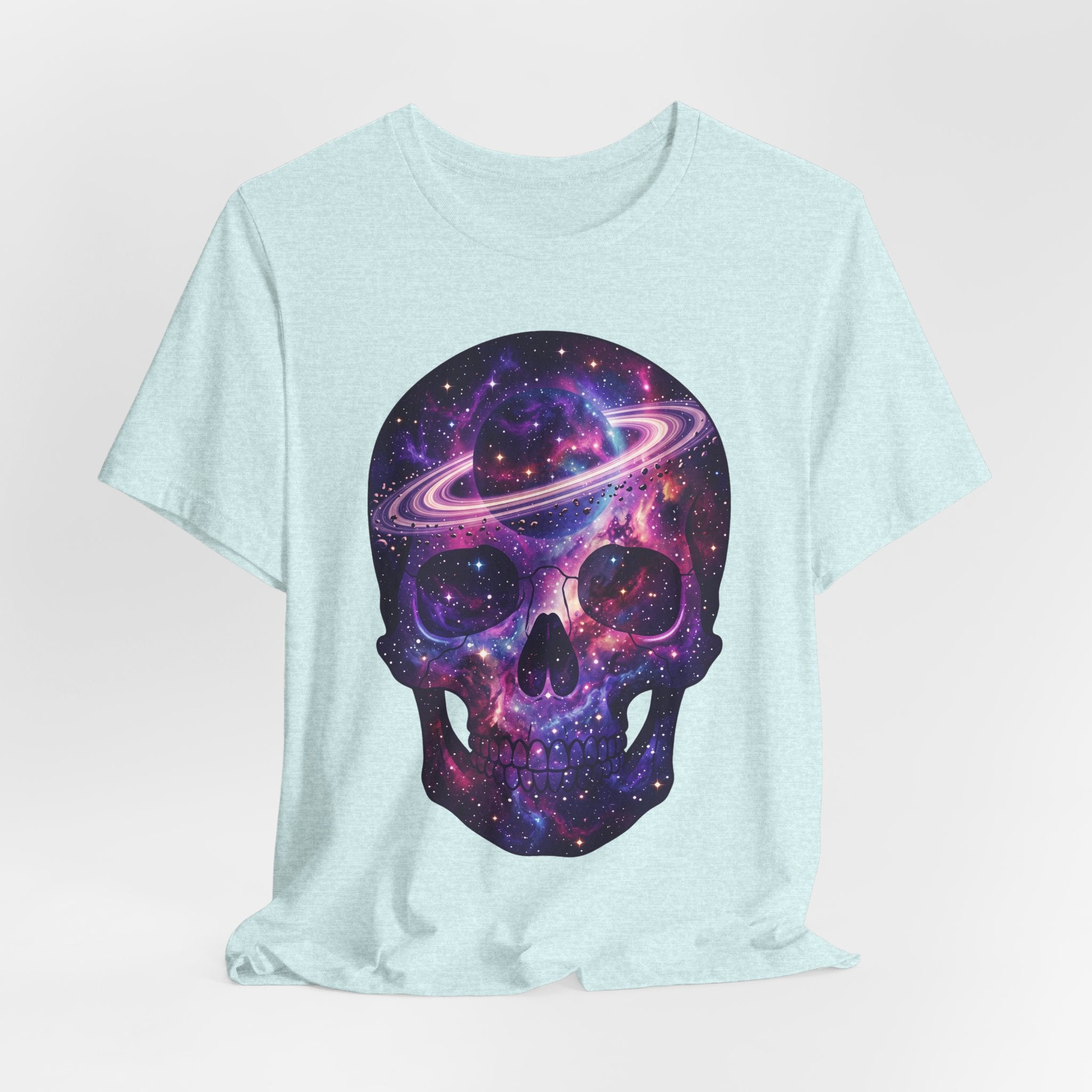 Galaxy Skull T-shirt with full galaxy skull graphic on heather aqua