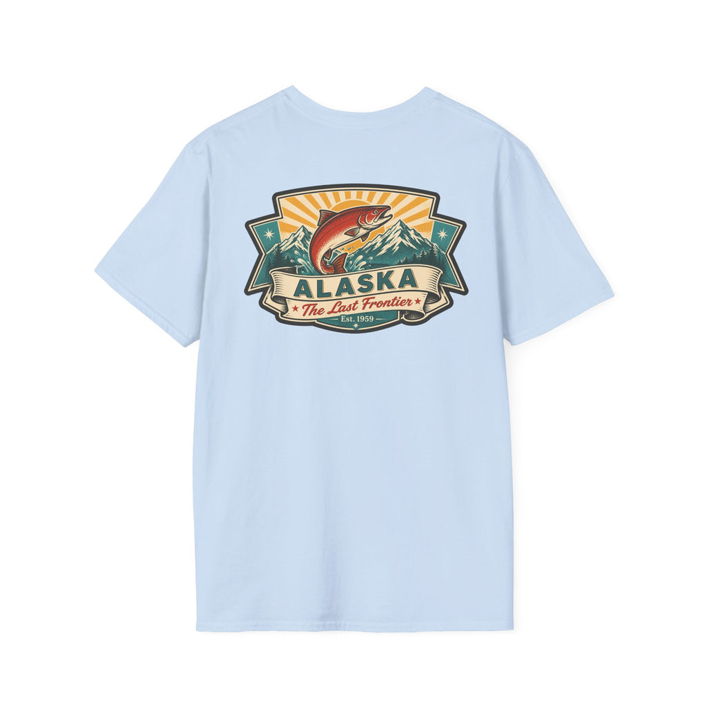 Souvenir T-shirt in light blue with Alaska badge salmon mountain front print