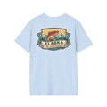 Souvenir T-shirt in light blue with Alaska badge salmon mountain front print
