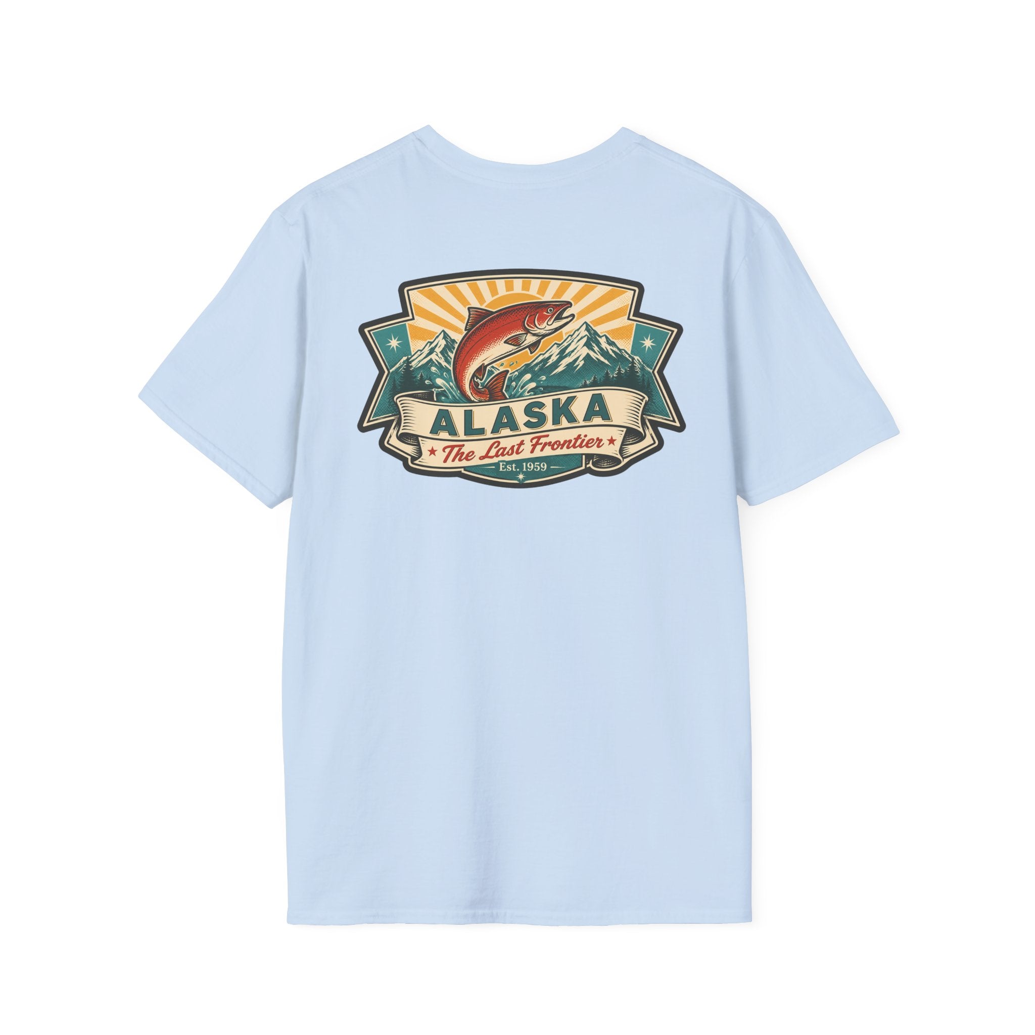 Souvenir T-shirt in light blue with Alaska badge salmon mountain front print