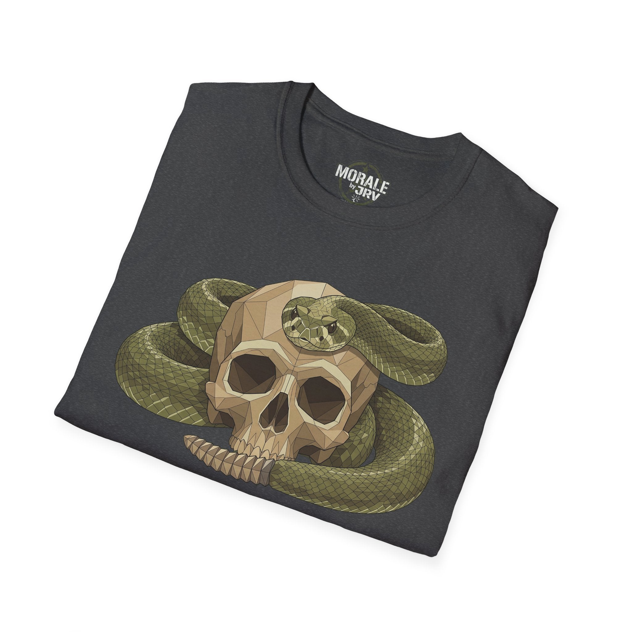 Dark heather T-shirt: polygon skull with coiled green snake graphic